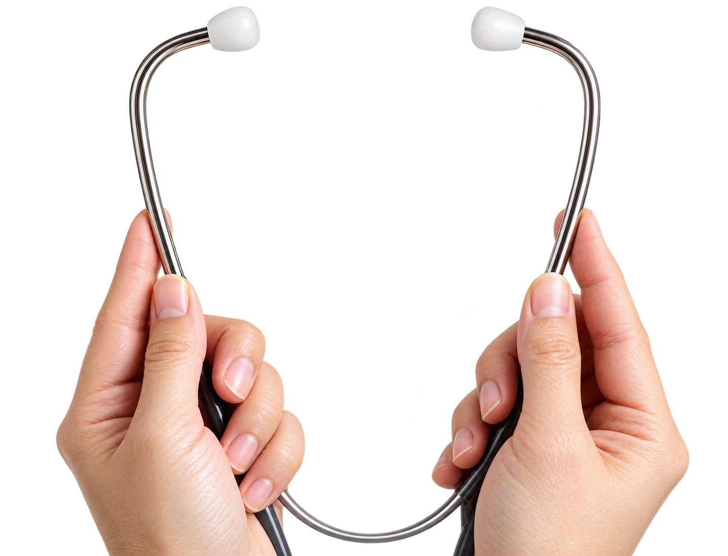 Hands holding a stethoscope from the Caritas CCARE brochure